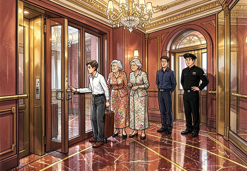 Guests wait nervously as the elevator door begins to close.