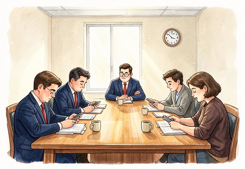The meeting begins with everyone checking their phones.