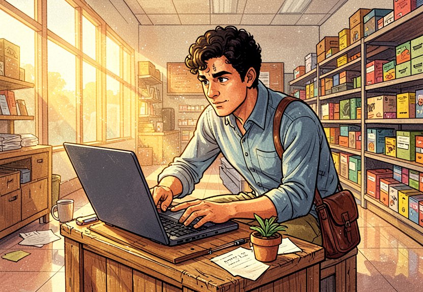He reads reviews on his computer.