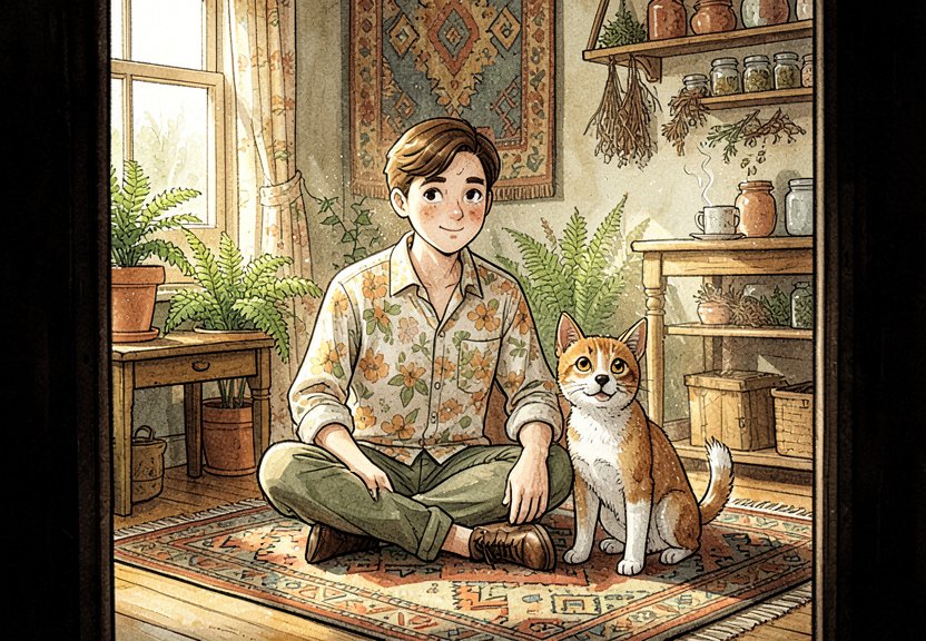 The person sits quietly with the dog, hands resting on the floor.