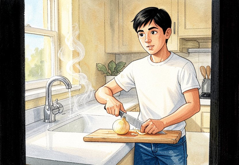 Cutting an onion under a running tap neutralizes the gas before it reaches your eyes.