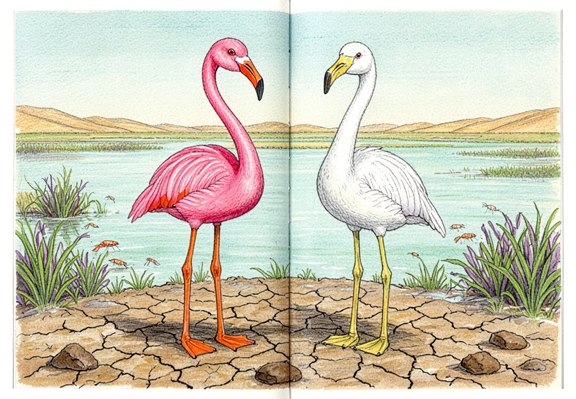 A side-by-side comparison of a wild pink flamingo and a captive white one.