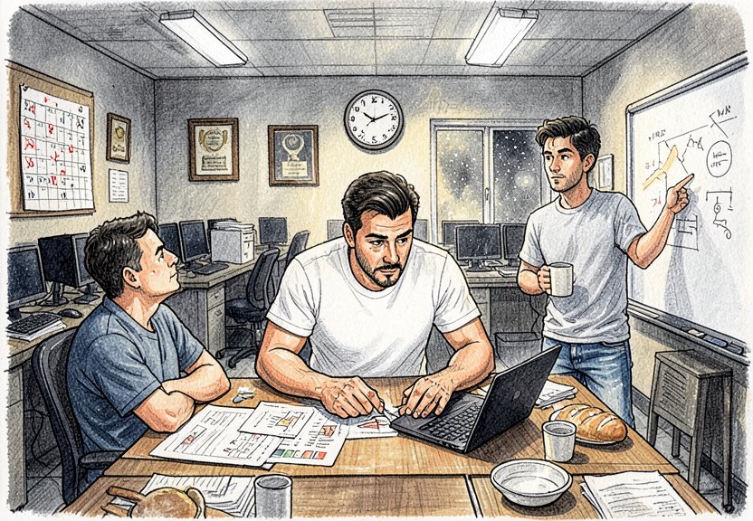 The team gathers around the table, each person focused on a different part of the project.