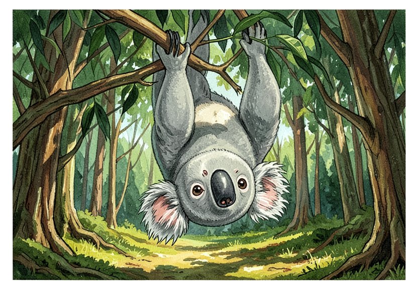 A koala rests hanging from a tree branch.