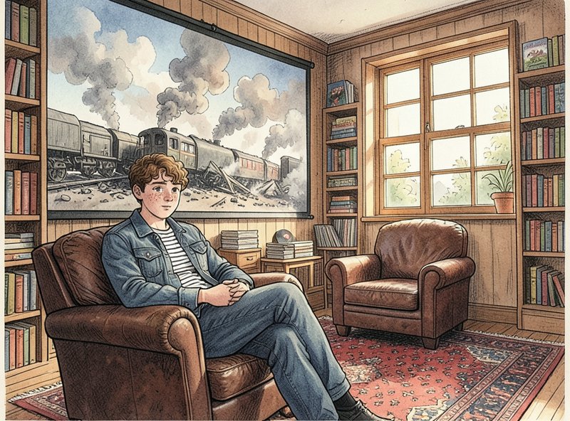 Watching the crash scene for the third time, the young adult watches with calm eyes.