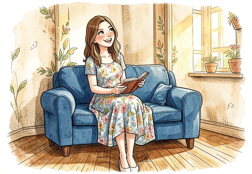 She feels free from worry, knowing the story's conclusion.