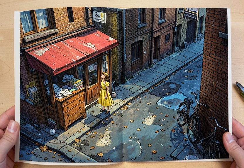 A girl stands outside an old shop on a quiet street.
